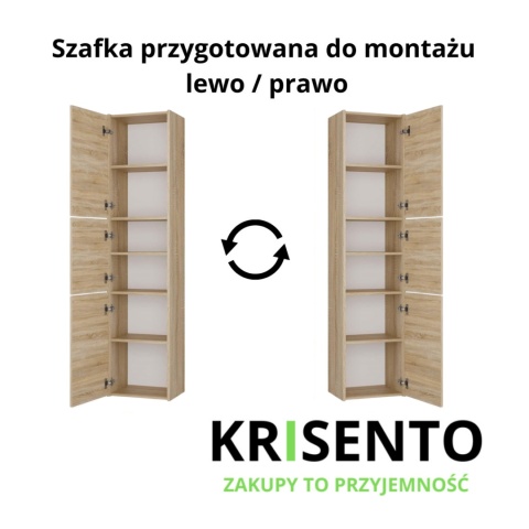 Schemat techniczny szafki gospodarczej LAZ-1312-SON prezentujący możliwość montażu drzwiczek na lewą lub prawą stronę.
