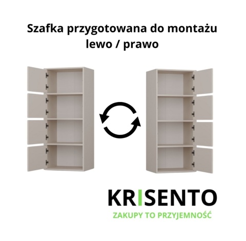 Schemat montażu szafek w komodzie 4 drzwiowej KOM-935-KASZ z opcją montażu i otwierania drzwi na lewą lub prawą stronę.