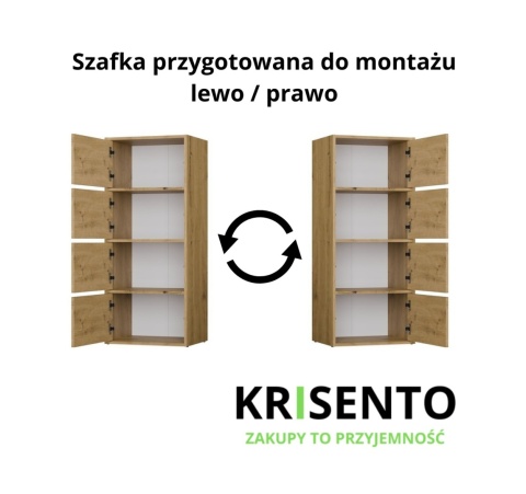Schemat montażu szafki w komodzie 50 cm KOM-935-ART z opcją montażu i otwierania drzwi na lewą lub prawą stronę.