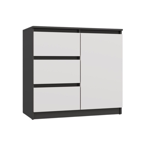 Zamknięta komoda 80 cm KOM-910-ANT-BIEL-MAT widoczna w półprofilu na białym tle.