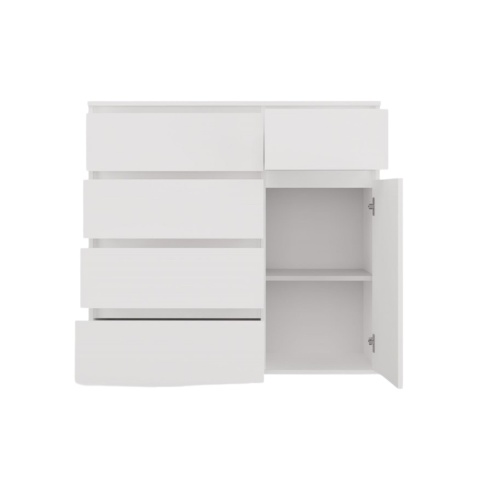 Komoda biała 100 cm KOM-932-BIEL-MAT w białym macie – widok z przodu (otwarte fronty i szuflady).