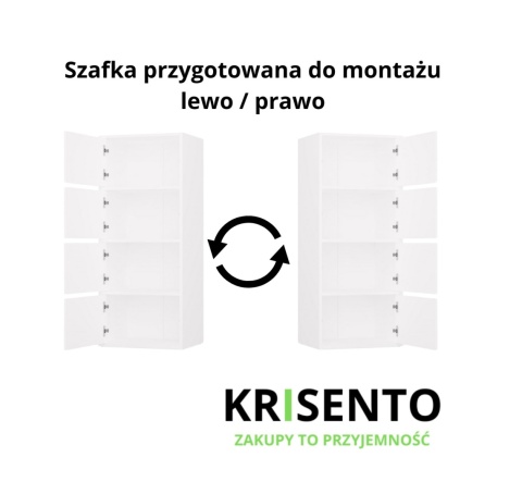 Schemat montażu szafki w komodzie 50 cm KOM-935-BIEL-MAT z opcją montażu i otwierania drzwi na lewą lub prawą stronę.