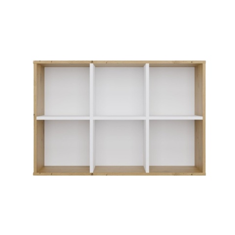 Niski regał z półkami RE-1408-MINI-ART-BIEL-MAT dąb artisan i biały mat - widok mebla z przodu.