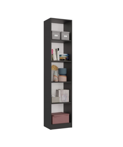 Regał na książki szerokość 40 cm RE-1401-ANT-BIEL-MAT - ujęcie półprofilowe z ułożonymi książkami i dodatkami.