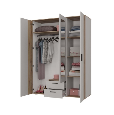 Szafa 150 cm szerokości SZAF-1019-KASZ-EVO - widok z półprofilu z ubraniami i zagospodarowaniem.
