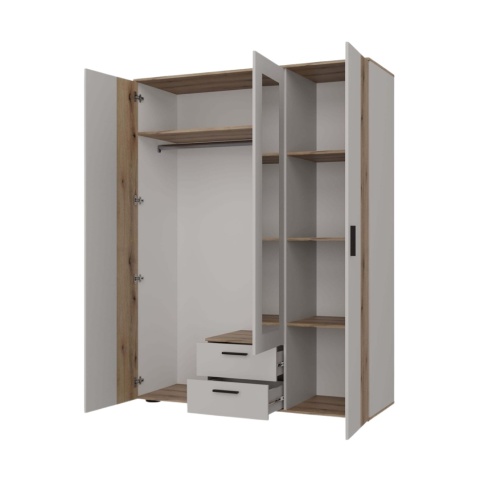 Otwarta szafa 150 cm SZAF-1019-KASZ-EVO widoczna w półprofilu.