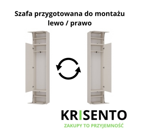 Schemat montażu szafy GAR-108-1S-KASZ z opcją montażu i otwierania drzwi na lewą lub prawą stronę.