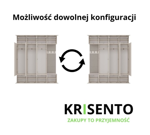 Schemat montażu szaf w zestawie GAR-108-1W-3S-KASZ z opcją montażu i otwierania drzwi na lewą lub prawą stronę.