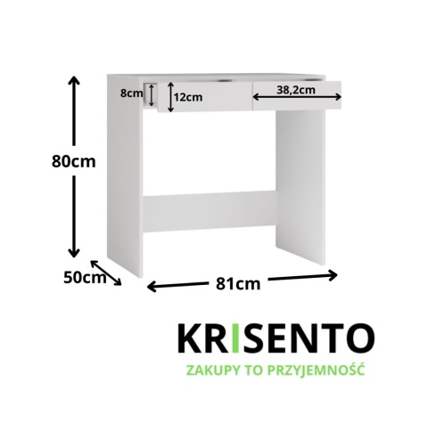 Wymiary białego biurka 80 cm BIUR-729-BIEL-MAT z dwiema szufladami.