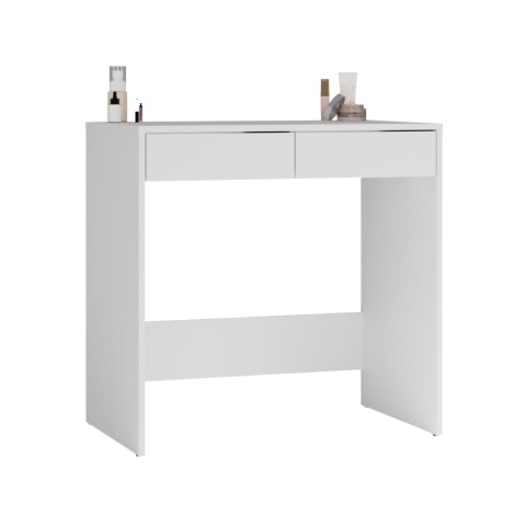 Zamknięte biurko 80 cm BIUR-729-BIEL-MAT widoczne w półprofilu z zagospodarowanym blatem.