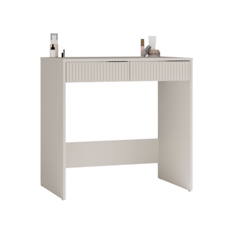 Zamknięte biurko 80 cm BIUR-729-KASZ-LAM widoczne w półprofilu z akcesoriami na blacie.