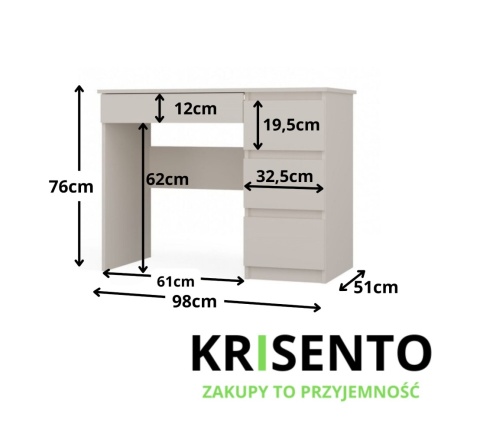 Wymiary kaszmirowego biurka prawego BIUR-706-KASZ-P.