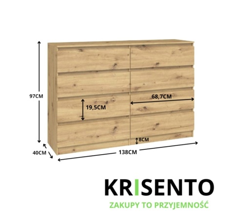 Wymiary długiej komody do salonu 140cm KOM-908-ART.