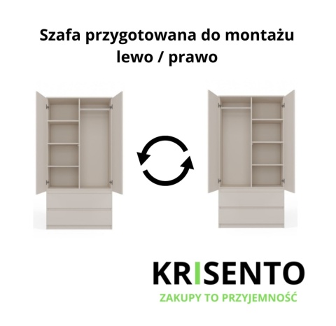 Schemat montażu szafy SZAF-1009-KASZ z opcją montowania drzwi na lewą lub prawą stronę.