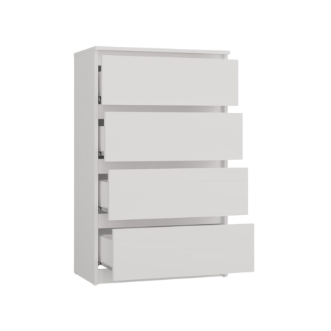 Komoda KOM-930-BIEL-MAT z otwartymi szufladami - ujęcie w półprofilu.