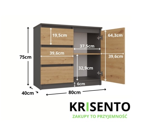 Wymiary komody 80 cm szerokości antracyt dąb artisan KOM-910-ANT-ART.
