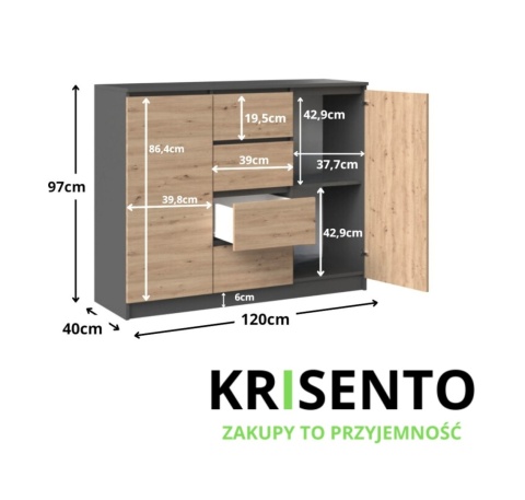 Wymiary komody z szufladami i drzwiczkami KOM-913-ANT-ART.