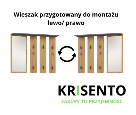 Schemat prezentujący lustro z wieszakami WIESZ-606-ANT-ART z opcją montażu lustra na lewą lub prawą stronę.