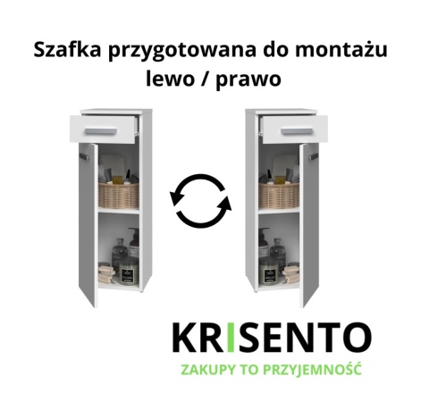 Schemat prezentujący małą szafkę LAZ-1317-BIEL-MAT z opcją montażu drzwiczek na lewą lub prawą stronę.