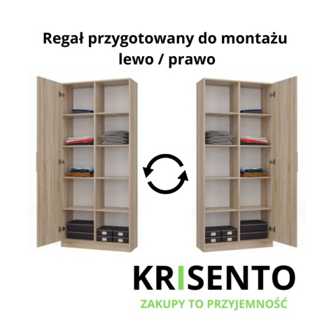 Schemat prezentujący regał RE-1426-SON z opcją otwierania drzwiczek na lewą lub prawą stronę.