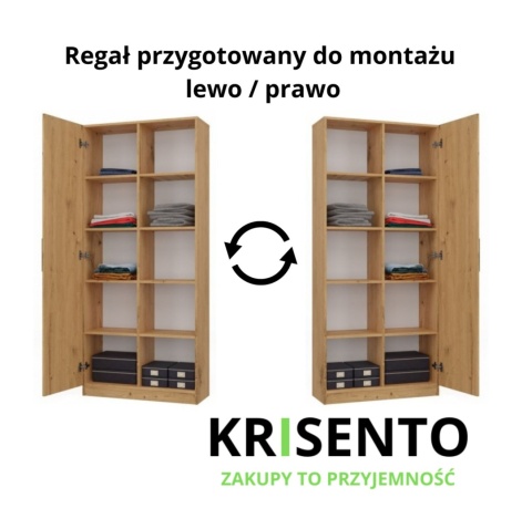 Schemat prezentujący regał RE-1426-ART z opcją montażu drzwiczek na lewą lub prawą stronę.