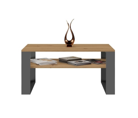 Stolik antracyt artisan STOL-803-ANT-ART – widok z przodu z ozdobami wyeksponowanymi na blacie i półce.