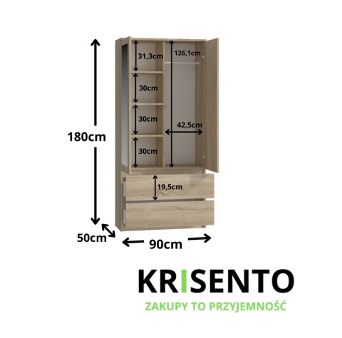 Wymiary szafy 50 cm głębokości dąb sonoma SZAF-1009-SON.