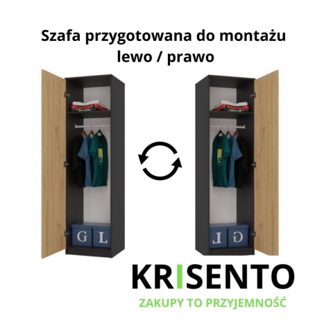 Schemat prezentujący szafę SZAF-1001-ANT-ART z opcją montażu drzwiczek na lewą lub prawą stronę.