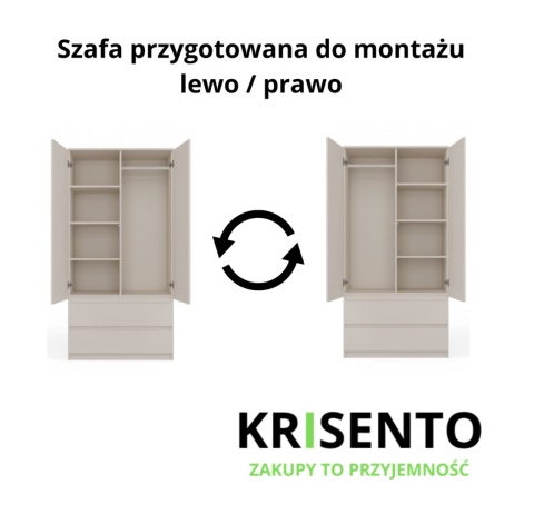 Schemat montażu szafy SZAF-1008-KASZ z opcją montażu i otwierania drzwi na lewą lub prawą stronę.