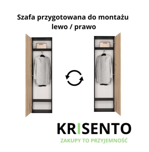 Schemat prezentujący układ szafy SZAF-1003-ANT-ART z opcją montażu i otwierania drzwiczek na lewą lub prawą stronę.