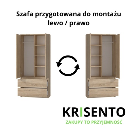 Schemat prezentujący układ szafy 90cm SZAF-1008-SON z opcją montażu drzwi na lewą lub prawą stronę.