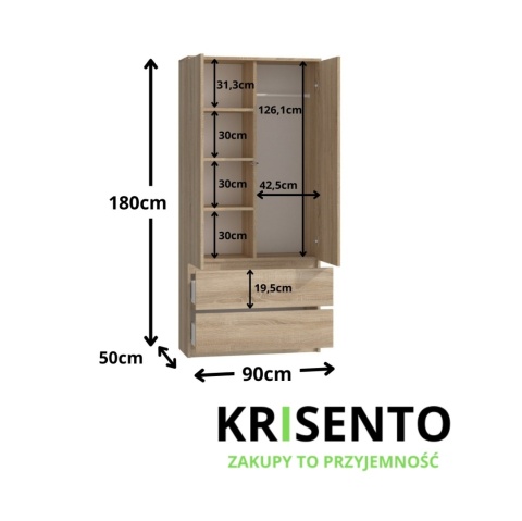 Wymiary szafy z szufladami i półkami 90cm SZAF-1008-SON.