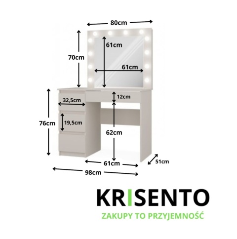 Wymiary beżowej toaletki TOA-1602-KASZ-L.