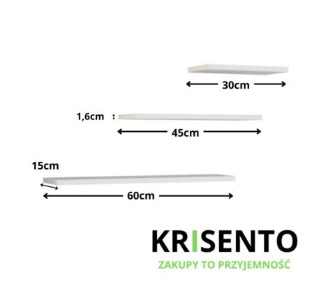 Wymiary 3 białych półek POL-1102-BIEL-MAT.