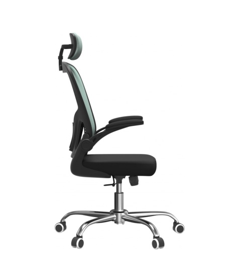 Fotel biurowy FOT-401-MIETA – ujęcie z boku podkreślające ergonomiczne wygięcie oparcia wspierające lędźwia.