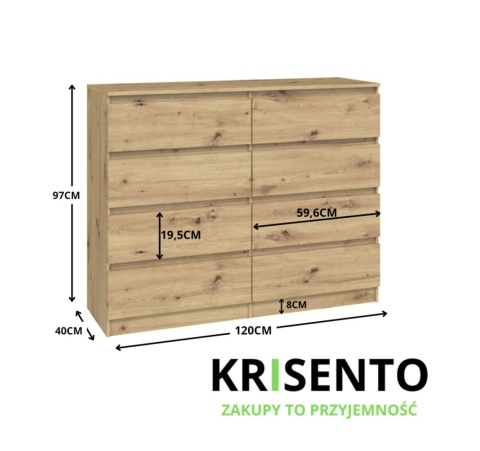 Wymiary komody KOM-907-ART o szerokości 120 cm.