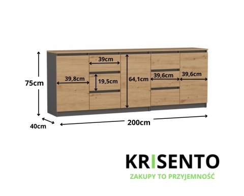 Wymiary (szerokość 2 metry) komody KOM-925-ANT-ART-BA.