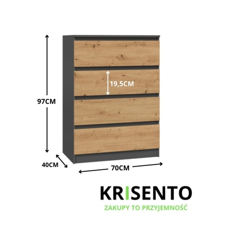 Wymiary komody KOM-902-ANT-ART o szerokości 70 cm.