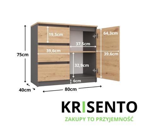 Wymiary komody KOM-910-ANT-ART-BA