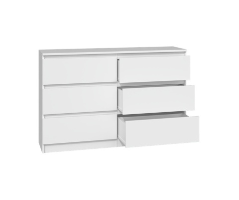Komoda KOM-904-BIEL-MAT z otwartymi frontami – prezentacja uchylonych szuflad.