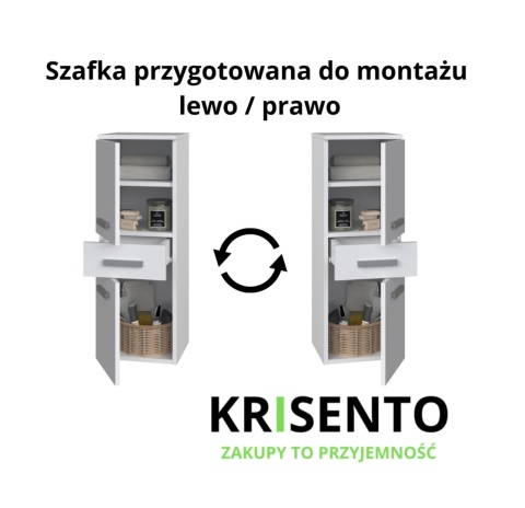 Schemat prezentujący komodę LAZ-1318-BIEL-MAT z opcją montażu drzwiczek na lewą lub prawą stronę.