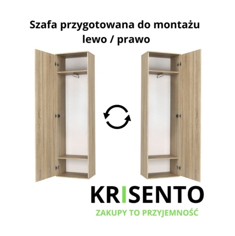 Schemat techniczny szafy SZAF-1003-SON prezentujący opcję montażu drzwiczek z otwieraniem na lewą lub prawą stronę.
