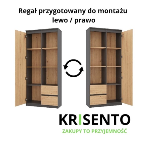Schemat techniczny regału RE-1425-ANT-ART prezentujący opcje montażu drzwiczek.