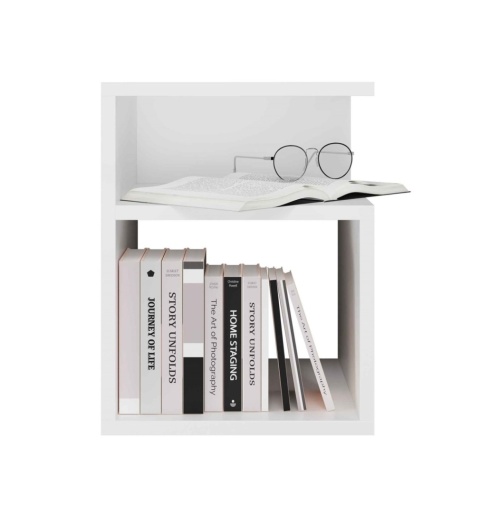 Szafka nocna bez szuflad w białym macie SN-301-BIEL-MAT – widok z przodu z zaaranżowanymi półkami.