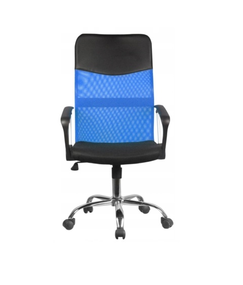 Niebieski fotel biurowy z mikrosiatki FOT-403-NIEB – widok z przodu na ergonomiczne, transparentne oparcie i miękkie siedzisko.
