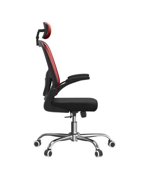 Ergonomiczny fotel biurowy czerwony FOT-401-CZERWO – widok mebla z boku podkreślający profilowanie lędźwiowe.
