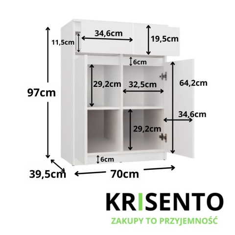Wymiary komody białej 70 cm KOM-946-BIEL-MAT.