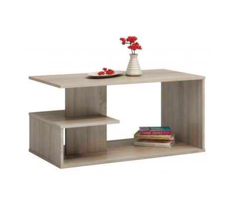 Ława STOL-808-SON w naturalnym kolorze dębu sonoma widoczna w eleganckim półprofilu z zagospodarowanym blatem.
