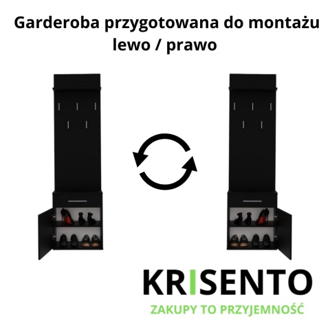 Schemat techniczny garderoby GAR-103-CZERN prezentujący opcję montażu drzwi z otwieraniem na lewą lub prawą stronę.