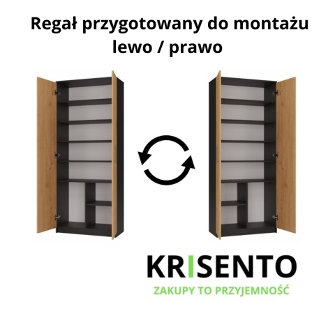 Schemat techniczny regału RE-1427-ANT-ART prezentujący opcję montażu frontów na lewą lub prawą stronę.